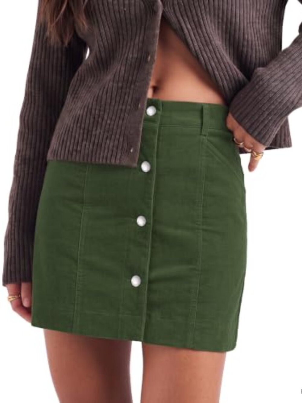 Corduroy Short Skirt Women Button High Rise A-Line Stretchy Lounge